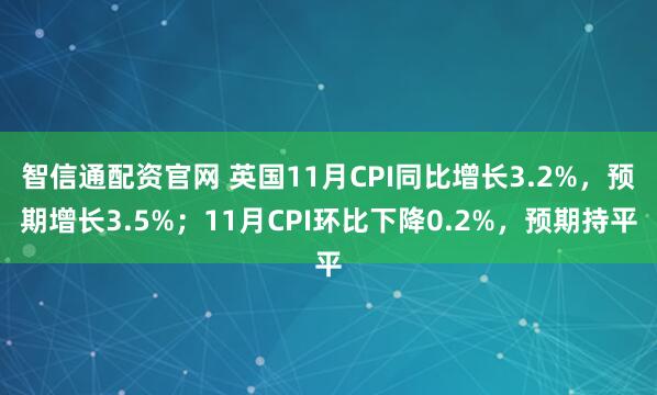 智信通配资官网 英国11月CPI同比增长3.2%，预期增长3.5%；11月CPI环比下降0.2%，预期持平